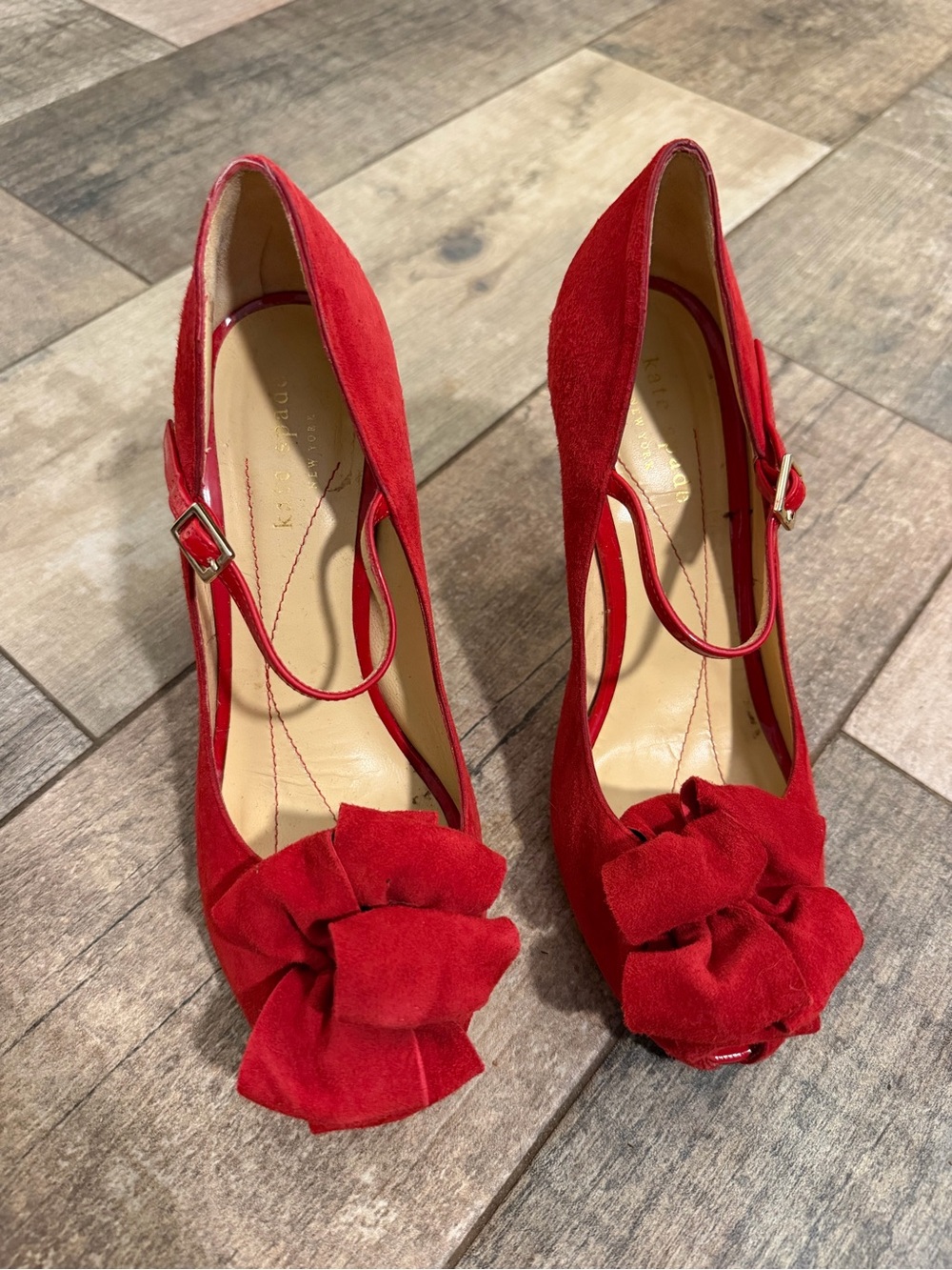 kate spade Red Suede Peep-Toe Heels with Ruffle Bow Accent Mary Jane Holiday